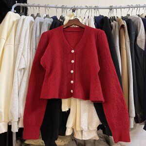 Elegant Red Cardigan Pearl Button Detail 💎